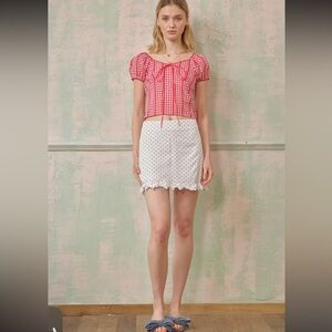 842. Puff short sleeve lace smocked gingham top red white